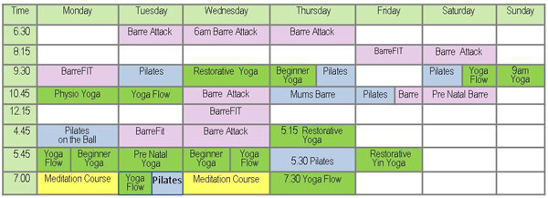 wellness centre timetable class yoga pilates barre
